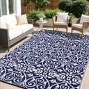 OLANLY Outdoor Rug Waterproof 6x9 ft Clearance, Reversible Outdoor Plastic Straw Rug with Floral Pattern, RV Mat for Patio, Camping, Balcony, Deck, Backyard, Navy & White