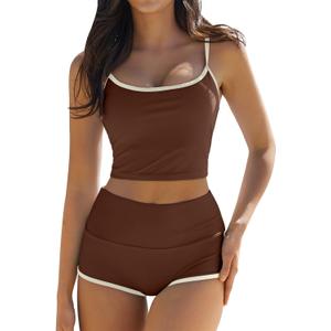 QINSEN Retro Bikini Set for Women Scoop Neck Bikini Top Tummy Control Boyshort Bottom Bathing Suit Brown M
