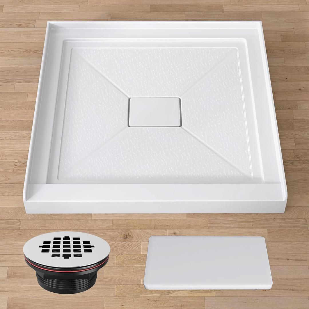 GETPRO Shower Base 34 in. D x 34 in. W Center Drain Single Threshold Shower Pan With Non-Slip Textured Surface, White Acrylic Shower Floor Base for Bathroom with Drain and White Cover Included