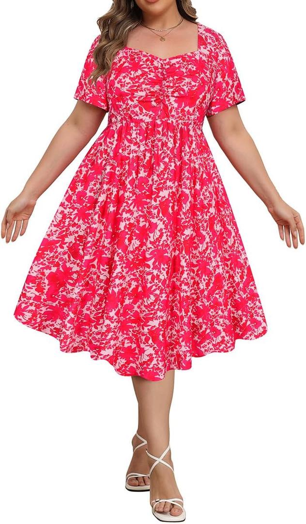RITERA Plus Size Dresses for Curvy Women Boho Summer Midi Dress Sweetheart Neck Short Sleeve Dresses Empire Waist with Pocket,5XL