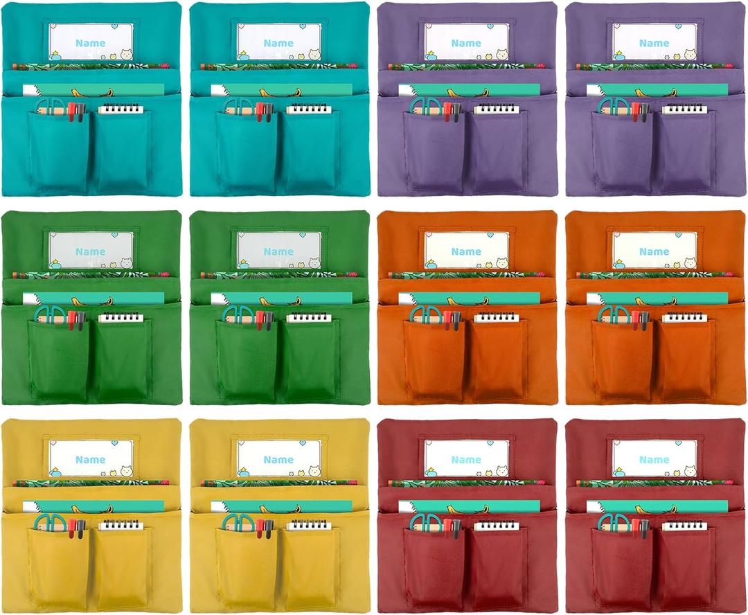 Toriexon 12 Pack Chair Pockets for Classrooms, 13 x 14 inch Seat Sacks for Classroom Chairs k-2 with Name Slot, Small Chair Pockets for Kindergarten, School, Home Seating Storage (Multicolor)