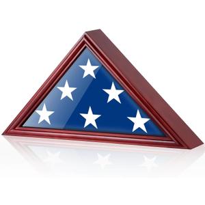 Flag Display Case for 9.5'x5' American Veteran Burial Flag with HD Tempered Glass, Wall Mounted Memorial Flag Holders for Folded Funeral Flag Wooden Triangle Flag Frame Shadow Box, Mahogany