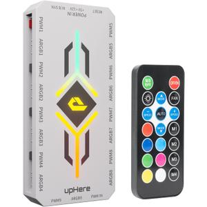 upHere PWM & 5V Addressable ARGB Magnetic Fan Hub 1 to 9-Port PC Case Splitter with Remote Control,SATA-Powered Cooling Hub for Custom RGB PC Builds,White,P10PARGB WT