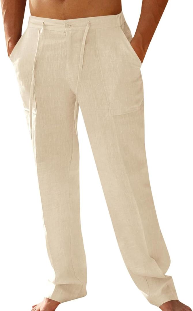 PASLTER Mens Casual Linen Pants Loose Fit Elastic Drawstring Waist Straight-Legs Summer Yoga Beach Long Pants (Beige)