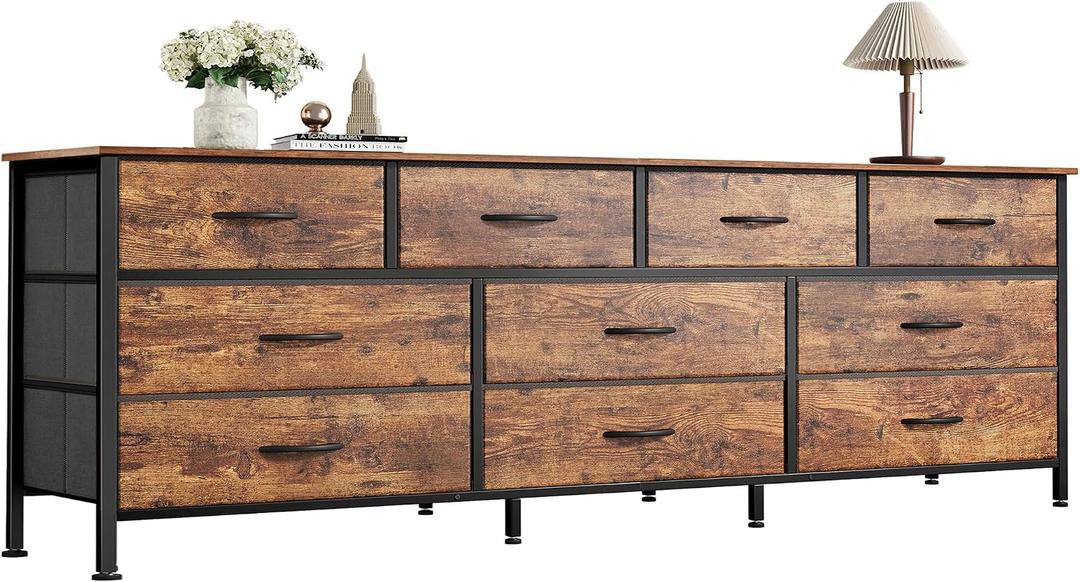 Huuger 63 Inch Dresser for Bedroom, Long Dresser with 10 Fabric Drawers, TV Stand for 55, 65, 70 Inch TV, Toy Storage Organizer for Closet, Rustic Brown