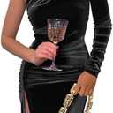 YMDUCH Women's Sexy Elegant One Shoulder Long Sleeve Velvet Ruched Slit Party Long Dress (Black), XL