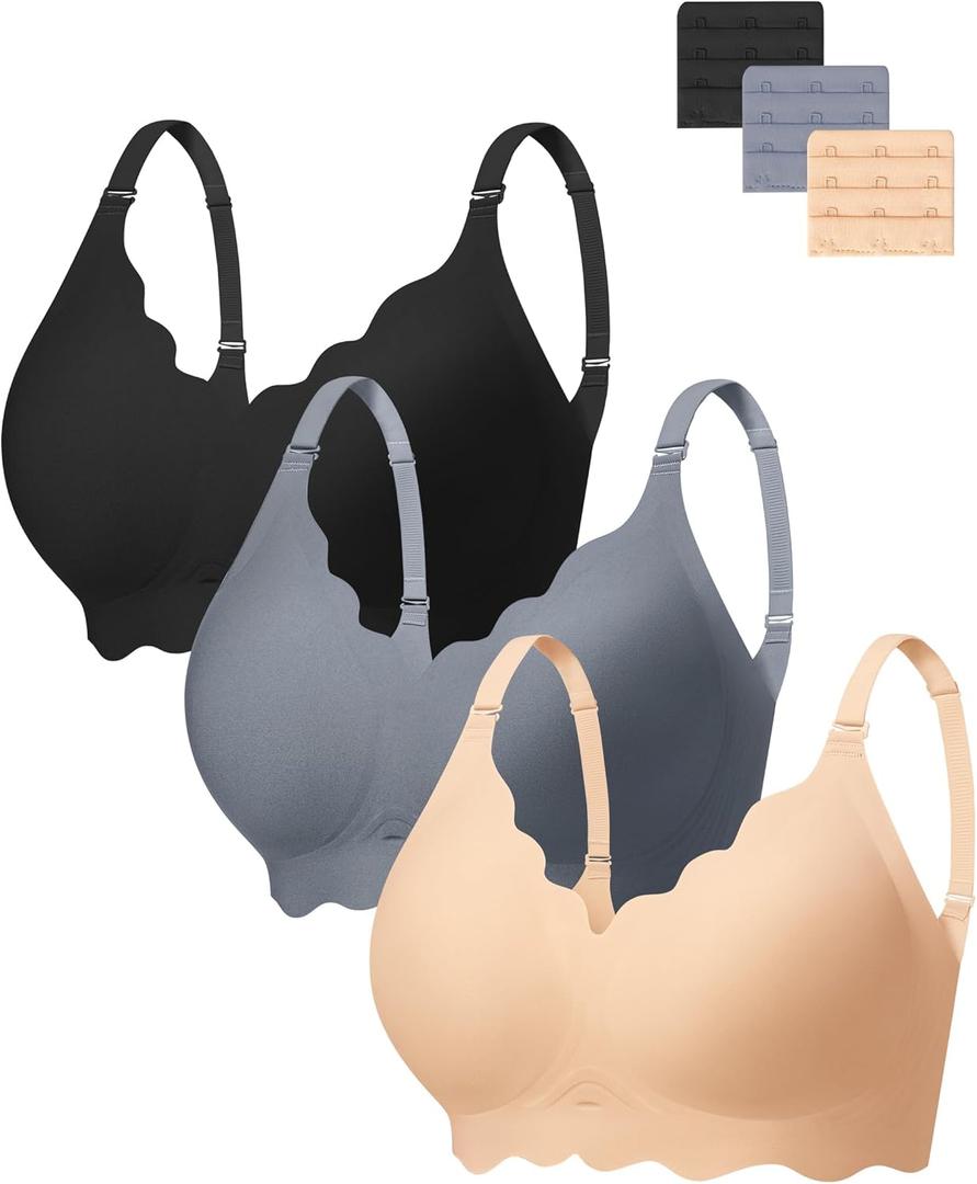 Angelhood Seamless Bras Women Soft Jelly Push Up Wireless Bra Supportive V Neck No Underwire Comfort Tshirt Bralettes (Medium, Black/Blue/Nude)