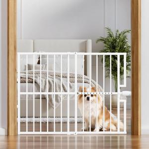 10-Second Quick Install Pressure Mounted Dog Gate for Pets,Adjustable 29'' to 43'' Wide Metal Pet Gate for Doorways Stairs,No Drilling,Expandable,24'' Tall Portable Safety Gate for Indoor Outdoor (White)