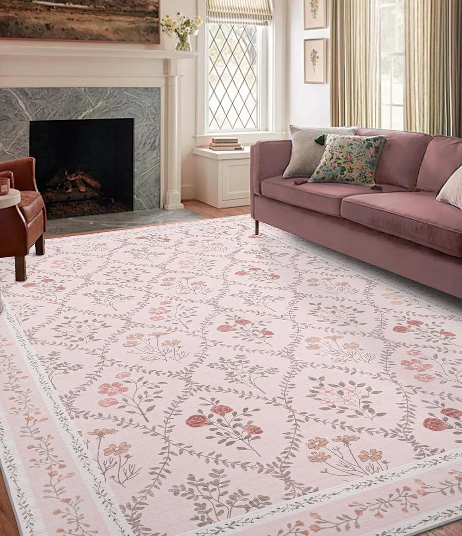 YIHOUSE Pink 6x9 Area Rug for Bedroom Girls, Floral Washable Rugs for Living Room Non Slip Ultra-Thin, Large Boho Carpet for Kids Playroom, Classroom, Dorm, Nursery, Pink Multi