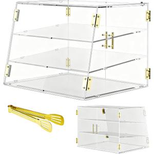 3-Tier Slanted Acrylic Bakery Display Case, 21"17"17" Commercial Countertop Pastry Showcase with Automatic-Closing Rear Doors for Donuts, Bagels, Macarons, Cupcakes