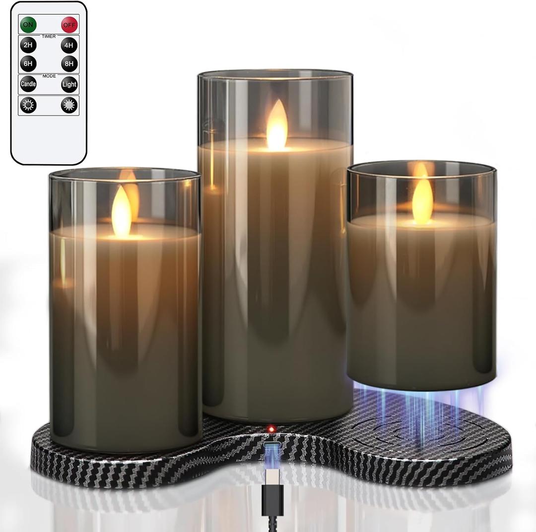 GenSwin Rechargeable Candles with Charging Station, Glass Flameless Candles with Remote, LED Pillar Flickering Candle Battery Operated for Halloween Christmas Home Party Decor(Pack of 3, Gray)