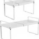 Expandable Cabinet Organizer Shelf Riser (14-25"), 11" Deep Heavy Duty Metal Cupboard Storage Rack for Kitchen Countertop & RV Pantry, 50 LBS Space Saver Shelving, White, 2 Pack