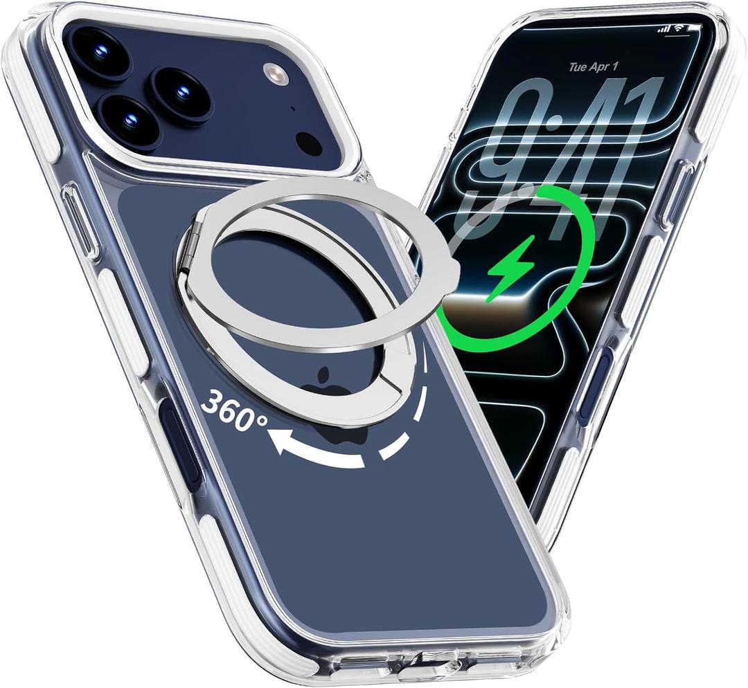 Magnetic for iPhone 17 Pro Max Case with 360 Spin Stand, Compatible with MagSafe, Military-Grade Protection, Detachable Strip, Anti-Yellowing Clear Phone Case for iPhone 17 Pro Max 6.9", White