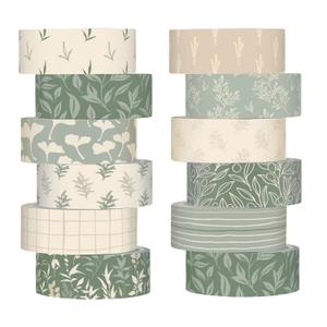 12 Rolls Watercolor Floral Washi Tape Set 15 mm Vintage Flower Decorative Masking Tape for Spring Arts DIY Craft Scrapbook Journal Supplies Gift Wrapping(Sage Green,Leaves)