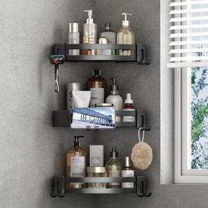 VOLPONE 3-Pack Black Triangle Shower Caddy, 3-Tier Corner Shelves, Rustproof Shower Storage Rack, Drill Free Wall Mount Shower Organizer, 40lbs Load Capacity