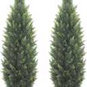 5FT Artificial Cedar Topiary Tree Lifelike Faux Cedar Pines Christmas Trees UV Rated Faux Shrubs Everygreen Plants for Front Porch Outdoor Decor Set of 2