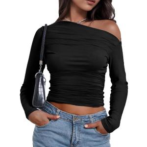 Buauty Womens Off Shoulder Tops Long Sleeve Crop Tops Casual Boat Neck Going Out Blouses One Shoulder Y2K Tight Shirts 2026 (Large, Black)