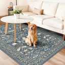 4x8 Washable Kitchen Area Rug: Farmhouse Stain-Resistant Elegant Floral Rug for Living Room Bedroom Wide Soft Carpet for Entryway Bathroom Thin Hallway Floor Mat with Non Slip Backing(4x8,Floral/Blue)