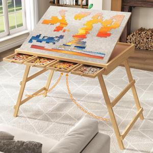 27.5" H Folding Puzzle Table with Drawers for 1500 Piece, 34" x 26" Jigsaw Puzzle Board with 4 Adjustable Tilting Angles, Portable Puzzle Table with Protective Cover for Adults