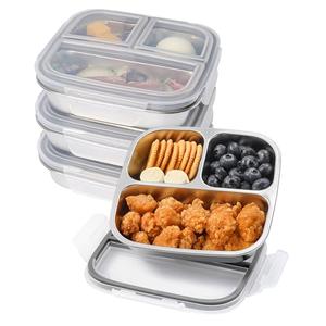 4 Pack Stainless Steel Snack Containers with Lids 3 Compartment Snackle Box Container Lunch Box for Adults Meal Prep Bento Box Containers Reusable Work (4, Gray, 600ml)