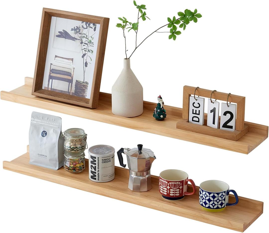 Long Floating Shelves 36 inch, Set of 2 Rustic Pine Wood Wall Shelves for Bathroom, Living Room, Bedroom and Kitchen, Picture Ledge for Storage,Books,Room Decor,6x36 inch