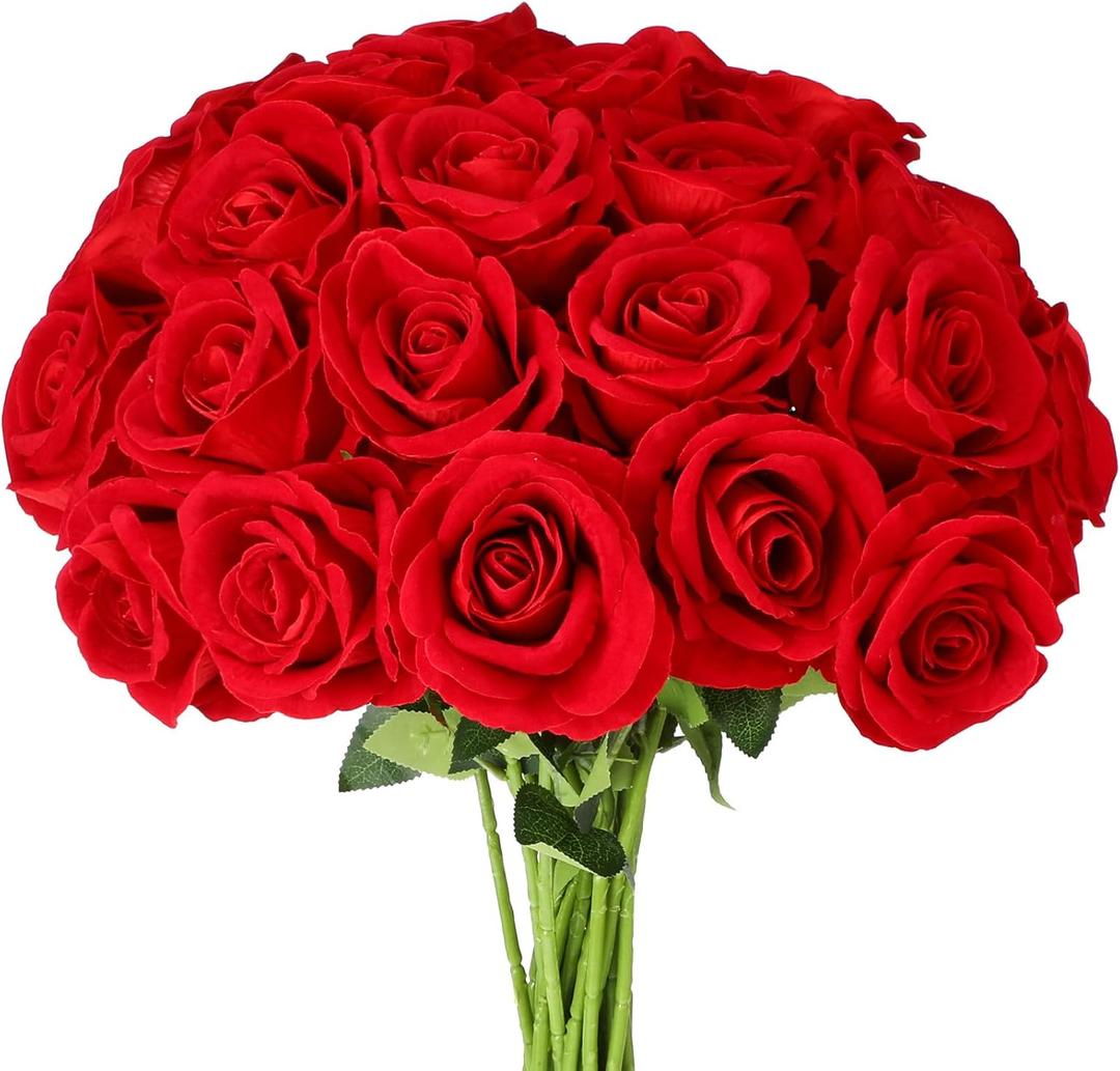 Hoteam 16 Pcs Artificial Roses Flowers Realistic Silk Roses Bouquet with Long Stem Valentine Fake Bouquet for Wedding Centerpieces Bridal Shower Party Decor (Red)