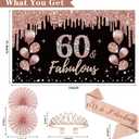 60th Birthday Decorations for Women, 33pcs Black Rose Gold Happy 60th Birthday Banner Crown and Sash Balloons Backdrop Hanging Swirls Paper Fans, 60 Years Old Party Supplies Kit