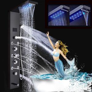 FUZ Contemporary Shower Panel Tower System Stainless Steel 6-Function Faucet LED Rainfall Waterfall Shower Head + Handheld Sprayer + Rain Massage Body Jets + Tub Spout, Black.