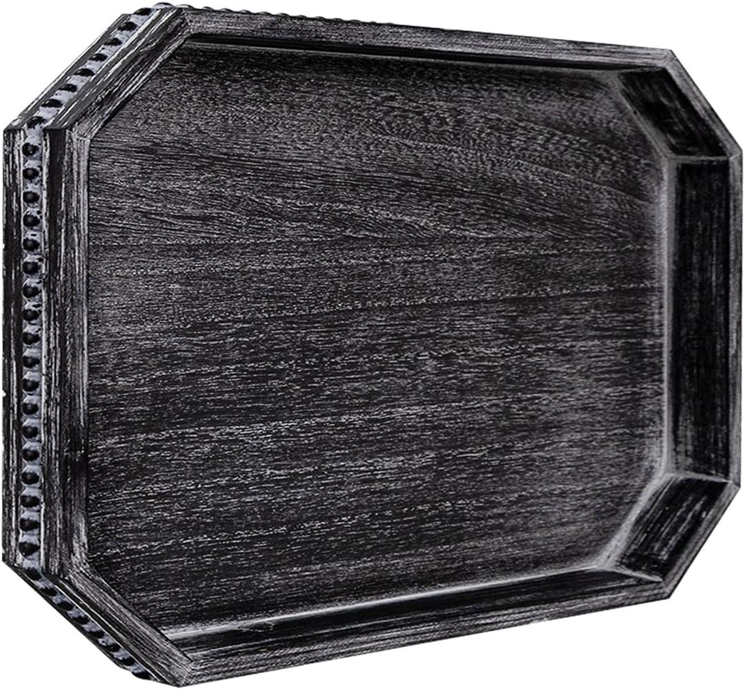 MAONAME Wood Serving Tray, Farmhouse Wooden Tray for Coffee Table, Octagonal Beaded Trays, Vintage Black Decorative Trays for Living Room, Kitchen, 15.7" X 10.2" X 1.6"
