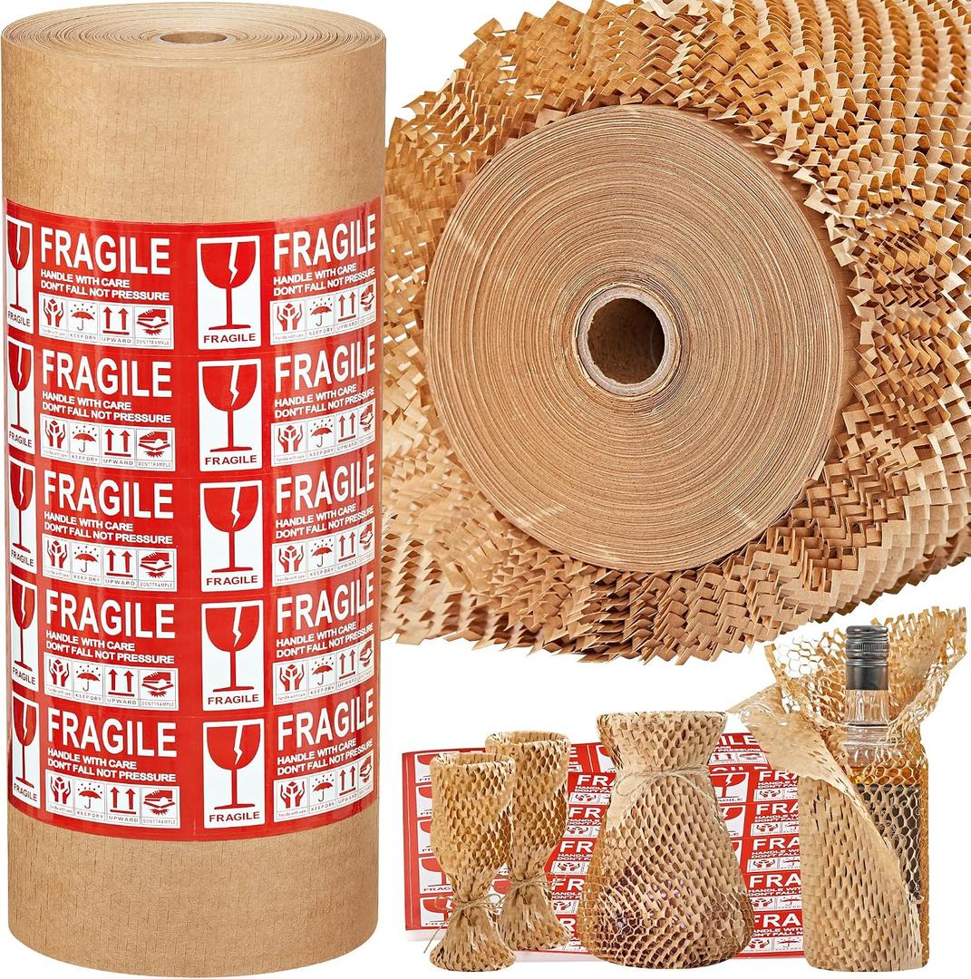 JARLINK Honeycomb Packing Paper, 15 * 400' Packing Wrap for Packing/Shipping/Moving, Recyclable Honeycomb Cushioning Wrap Roll, Moving & Gifts Wrapping Paper With 30 Fragile Sticker Labels