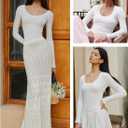 v28 Women Scoop Neck U-Neck Knit Long Sleeve Slim Fit Ribbed Sweater Tops (White, XL)