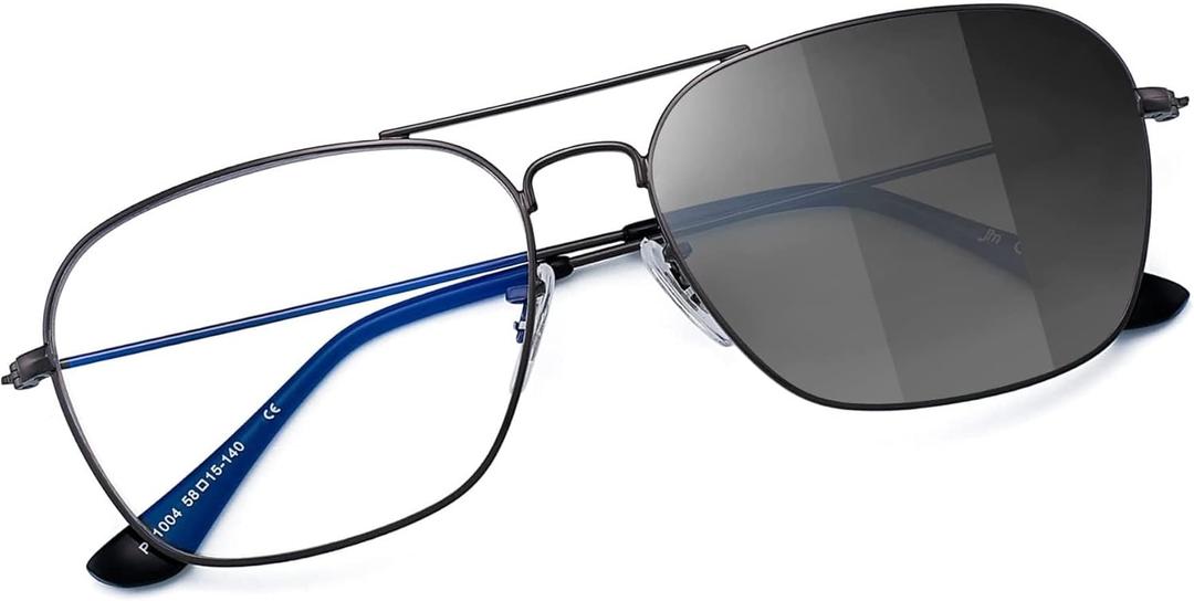 JM Aviator Blue Light Blocking Computer Glasses, Square Eye Protect Video Eyeglasses Anti Glare Men Women (Gunmetal Frame / Clear Into Grey Lens)