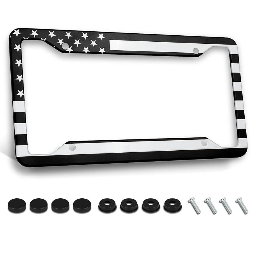 Black American Flag License Plate Frame Stainless Steels Patriotic Car Tag Holder Frames with 4 Holes and Screws 12 x 6 Inch Decoration for US Vehicle Standard for Women Men