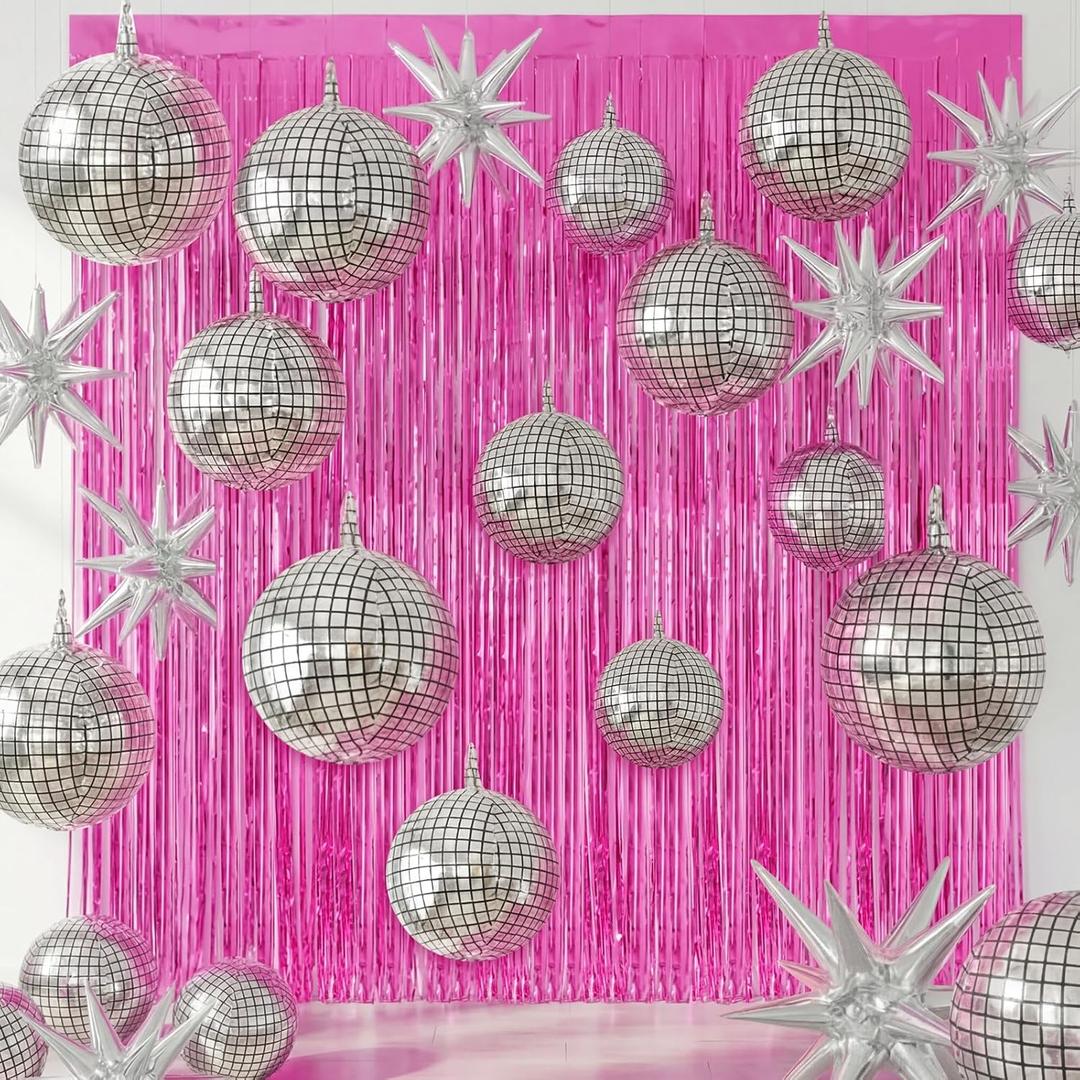 Seenelling 24 Pcs Party Decoration Sets 22'' 4D Ball Star Balloons Metallic Tinsel Foil Fringe Curtains for Western Cowgirl Bride to Be Bachelorette(Hot Pink,Cowgirl Style)