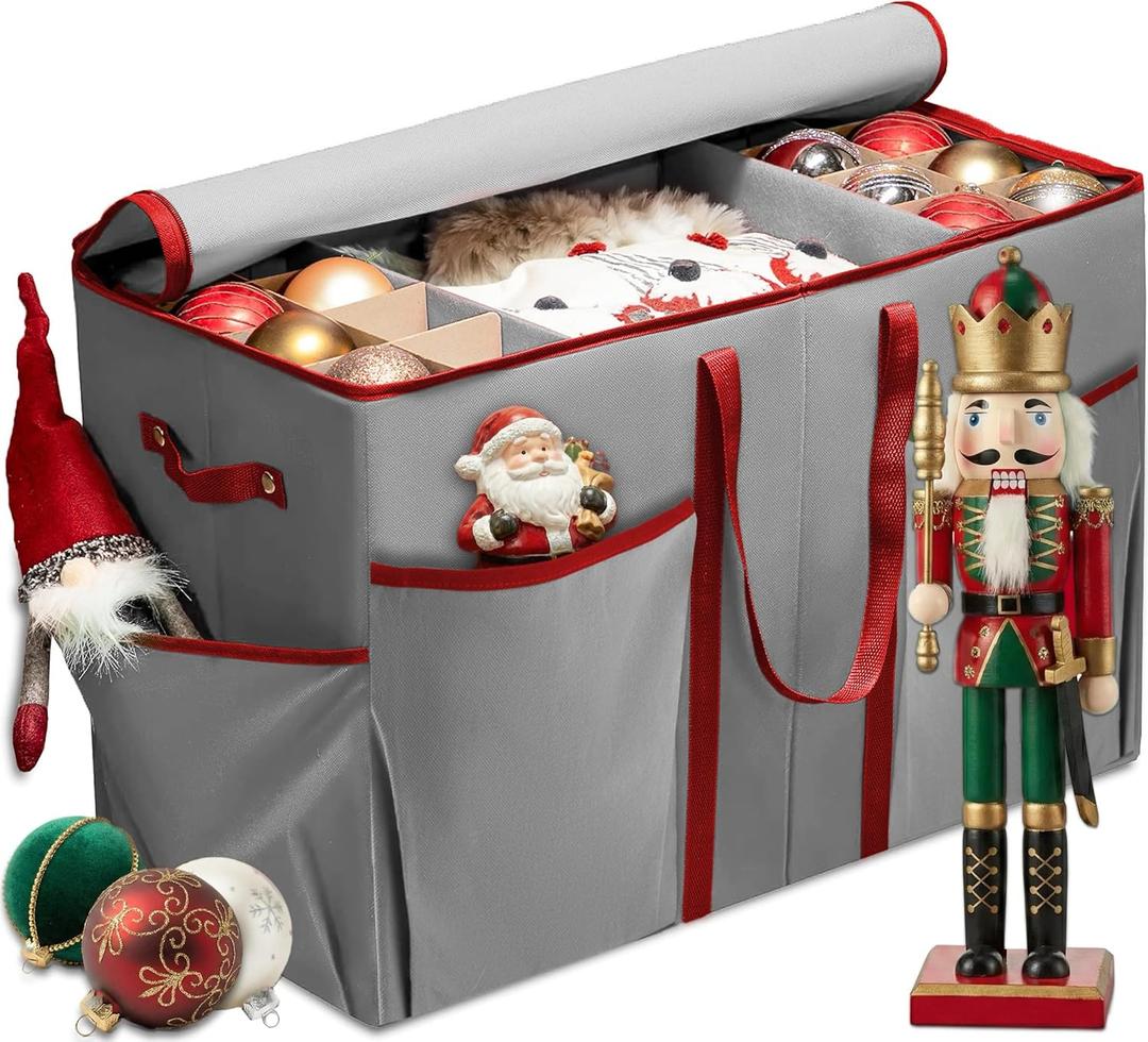 ZOBER Large Christmas Ornament Storage Box - Stores 80 3" Ornaments, With Dividers - With Large Compartment for Figurines, and Accessories, Durable Christmas Containers Holder, 4 Extra Pockets - Gray