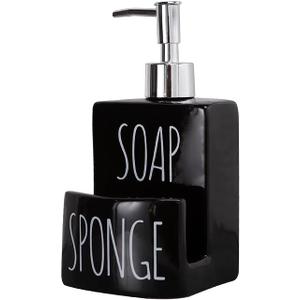 Ceramic Soap Dispenser with Sponge Holder - 2-in-1 Countertop Soap Pump Dispenser for Sink, Useful Kitchen Gadget - Black