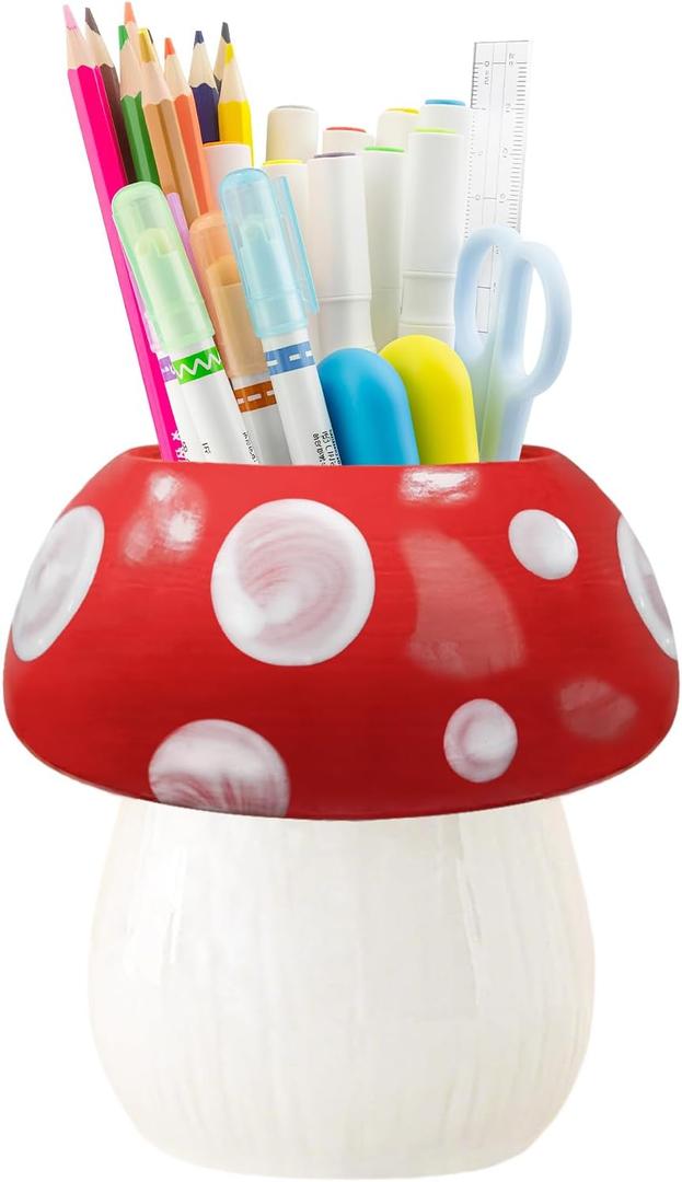Ceramic Mushroom Pencil Holder, Multi-function Mushroom Cup Storage for Makeup Brush/Toothbrush, Cute Ornament Decor for Home, Bedroom, Office, Kawaii Gifts for Women/Girl/Kids for Birthday/Xmas, Red