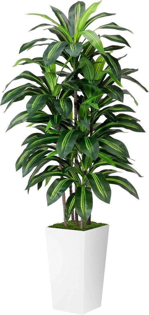 Artificial Dracaena Plant Indoor 5FT - Fake Tree with White Tall Planter - Faux Yucca Tall Fake Floor Plant in Pot - Artificial Trees for Home Office Living Room Decor Indoor