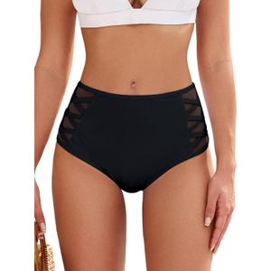 ZAFUL Women High Waist Bikini Bottom Side Mesh Spliced Tankini Swimsuit Swim Briefs Bathing Suit Bottom (Large, 0-black)