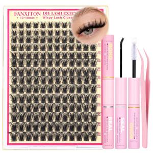 FANXITON Lash Clusters Kit Wispy Clusters Eyelash Extensions Natural Lash Extension Kit 168 Pcs 10-18mm Individual Lashes Thin Band Cluster Lashes with Waterproof Lash Bond and Seal Tweezers