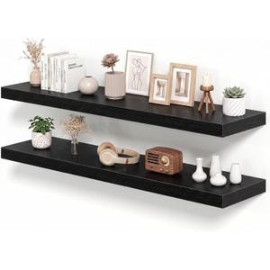 12 Inch Deep Floating Shelves Black, 48 Inch Long, 2" Thick Floating Shelves for Wall, Hidden Bracket, Scratch-Resistant Wood Grain for Bedroom Bathroom Kitchen, Coffee Bar, Bookshelf, 48"x 11.6"-Pack of 2