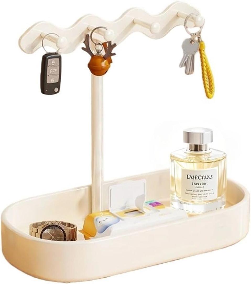 Pearl-White Metal Key Bowl Holder for Entryway & Desks, contains 4 Hooks,Tray,Wave-shaped Design Key Holder,Multipurpose Organizer for Keys,Mail, Jewelry, Trinkets,Purse.Non-Slip Table Dcor