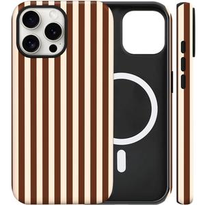 Magnetic for iPhone 14 Pro Case Cute Stripes Phone Case, Shockproof Slim TPU and Hard PC Protective Phone Cover Compatible with MagSafe Designed for Women Girls, Brown