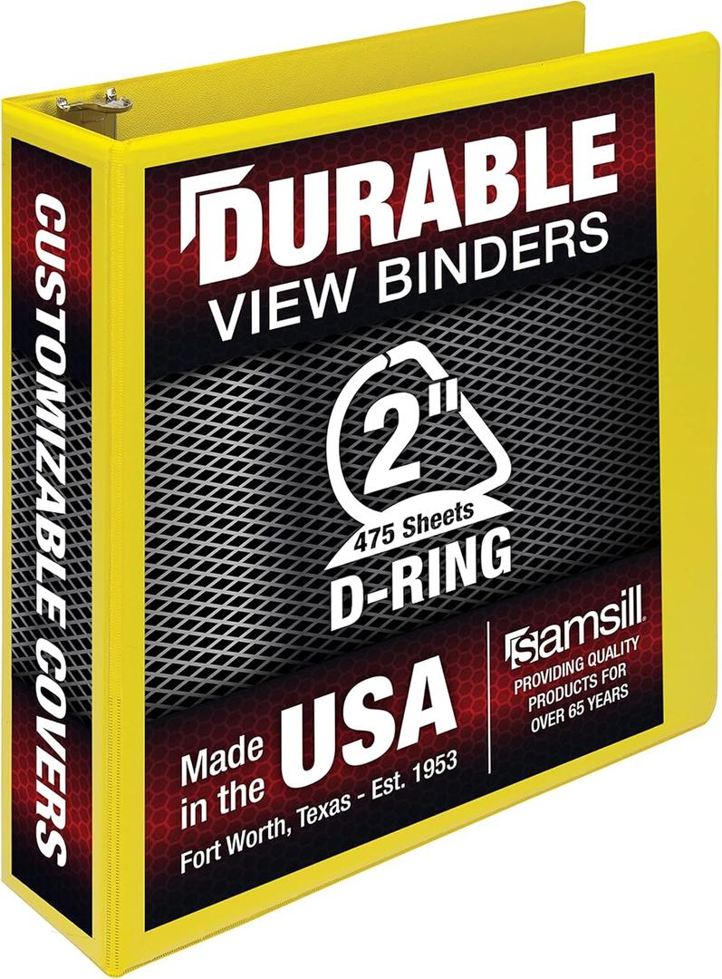 Samsill Durable 2 Inch Binder, Made in the USA, D Ring Binder, Customizable Clear View Cover, Yellow, Holds 475 Pages (1 Pack)