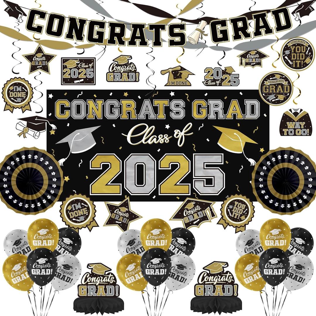 Black and Gold Themed 2025 Graduation Decorations Set - Congrats Grad Banner, Class of 2025 Backdrop, Balloons & Streamers Kit - Graduation Party Supplies for High School & College Celebrations
