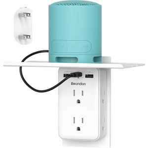Wall Outlet Extender with Shelf, BEONDON 2 to 3 Prong Outlet Adapter with 6 AC Outlets and 3 USB Ports(1 USB-C), 3-Sided Power Strip for Non-Grounded Outlets in Old Houses, Dorms, Office