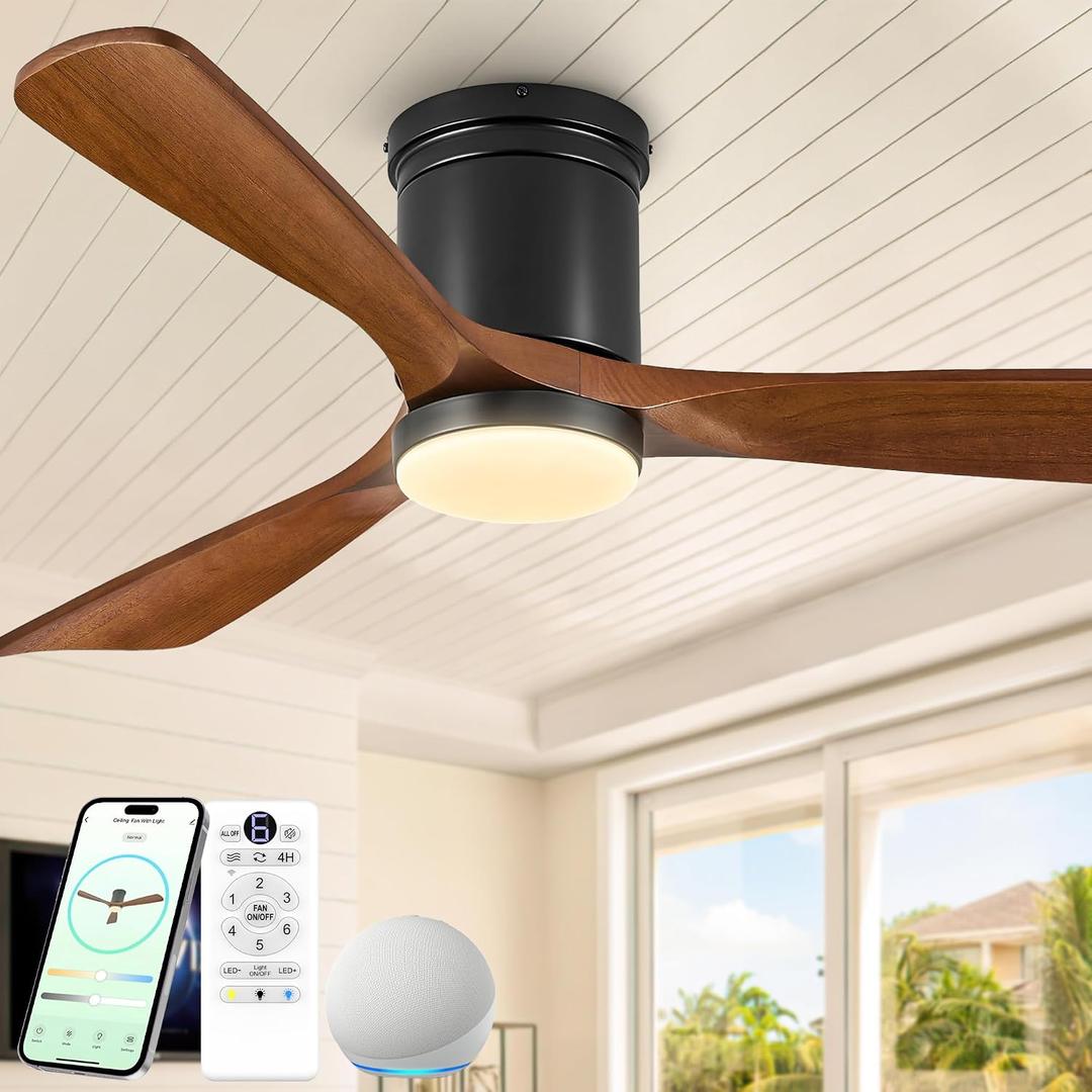 52 Inch Smart Flush Mount Ceiling Fan with Lights, Outdoor Low Profile Ceiling Fan with Alexa & Remote Control, 3 Solid Wood Propeller Blades, Quiet Damp-Rated Modern Fan for Bedroom Living Room Patio