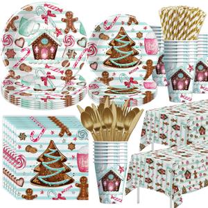Christmas Party Decorations, Gingerbread House Cookie Christmas Paper Plates And Napkins Party Supplies Set, Xmas Plate, Cup, Napkin, Tablecloth, Disposable Cutlery, Serves 24