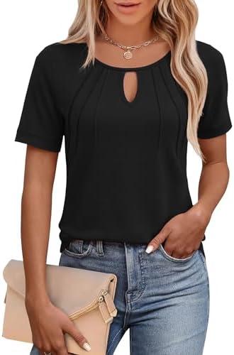 Jouica Women's 2025 Summer Tunic Tops Short Sleeve Loose Fit Breathable Top Keyhole Neck Casual Shirts for Leggings (SIZE: XXL)