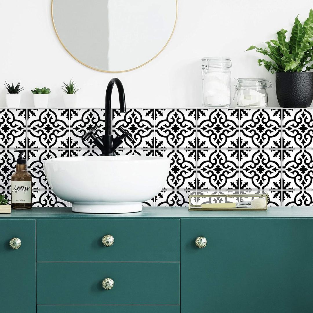 RoomMates RMK4649GM Ornate Black and White Tile Backsplash Peel and Stick Wall Decals
